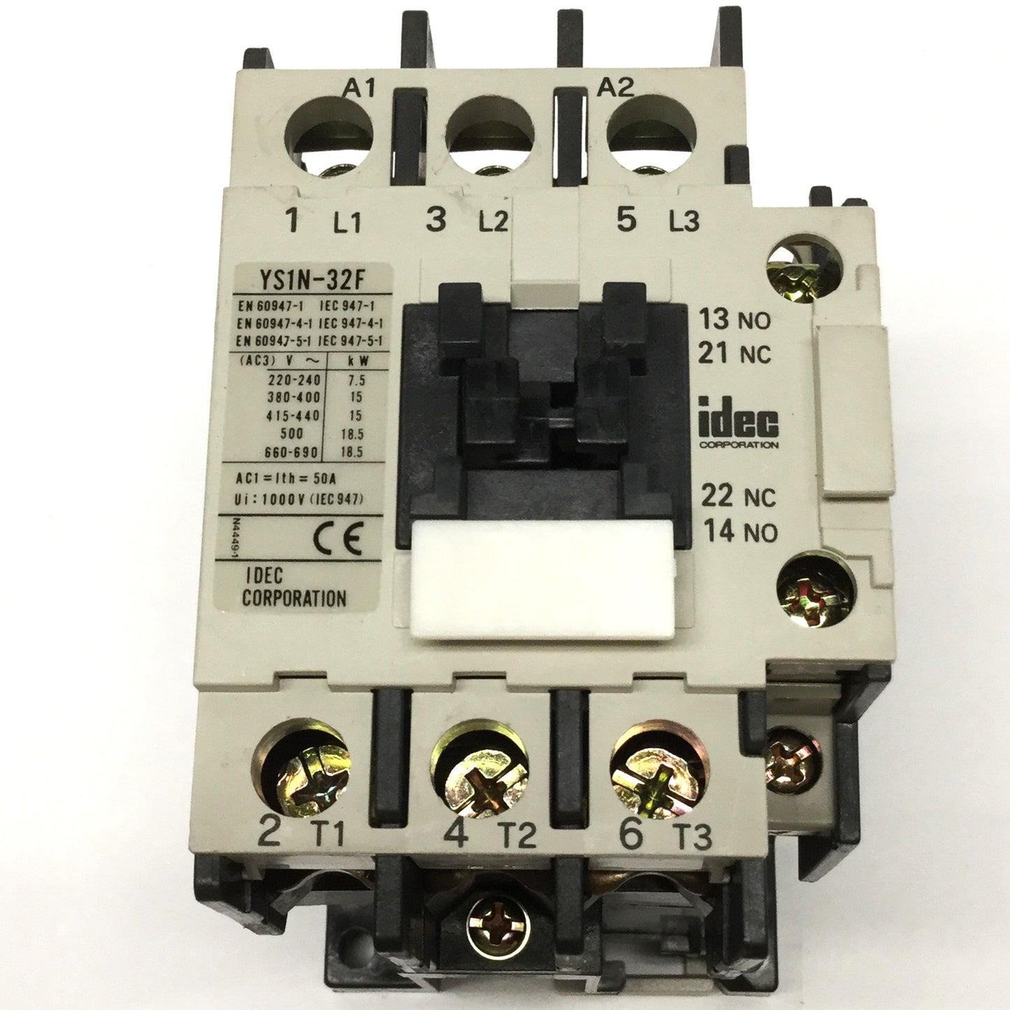 Used Idec YS1N-32F IEC Contactor, 3-Pole+1NO-1NC, 120VAC 50/60Hz Coil, 600VAC 45A