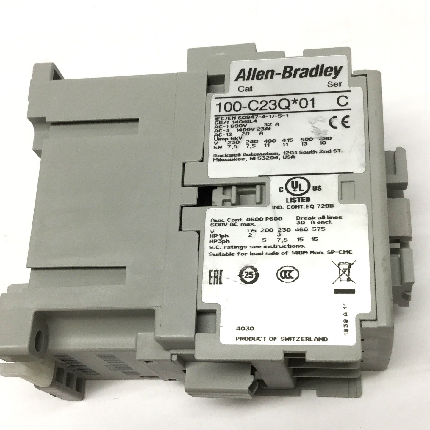 Used Allen Bradley 100-C23QJ01 Contactor Relay 24VDC Coil, 3-Pole + 1NC, 600VAC 30A