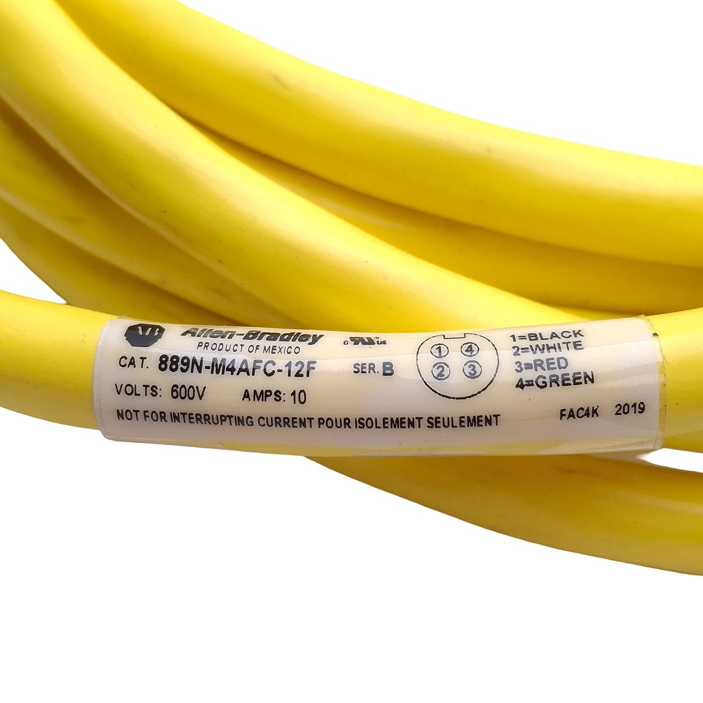 Used Allen Bradley 889N-M4AFC-12F Cable Cordset, 4-Pin Mini Plus, 600V 10A, 12ft