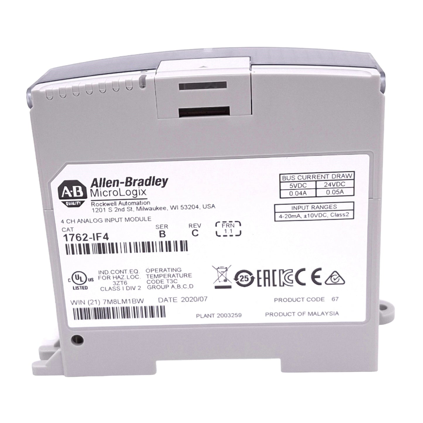 Used Allen Bradley 1762-IF4 MicroLogix Analog Input Module, 4-Channel, +-10V 4-20mA