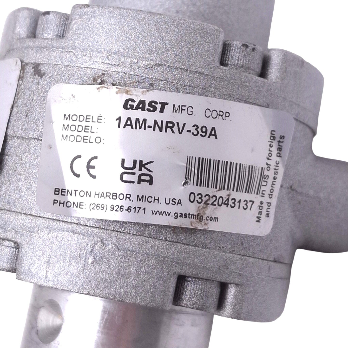 Used Gast 1AM-NRV-39A Air Motor, 100psi 10000rpm 5.6in-lbs 0.42hp Max, 1/8in NPT