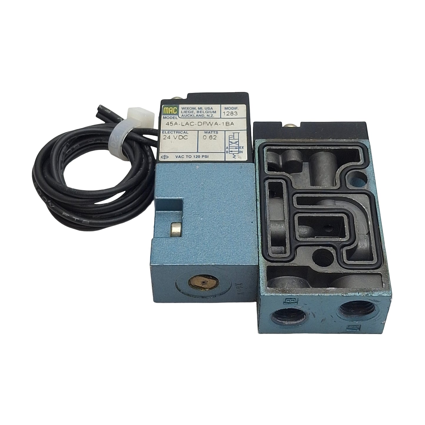 Used Mac 45A-LAC-DFWA-1BA Solenoid Valve, 4/2-Way, 1/8in NPT, vac-120psi, 24VDC Coil