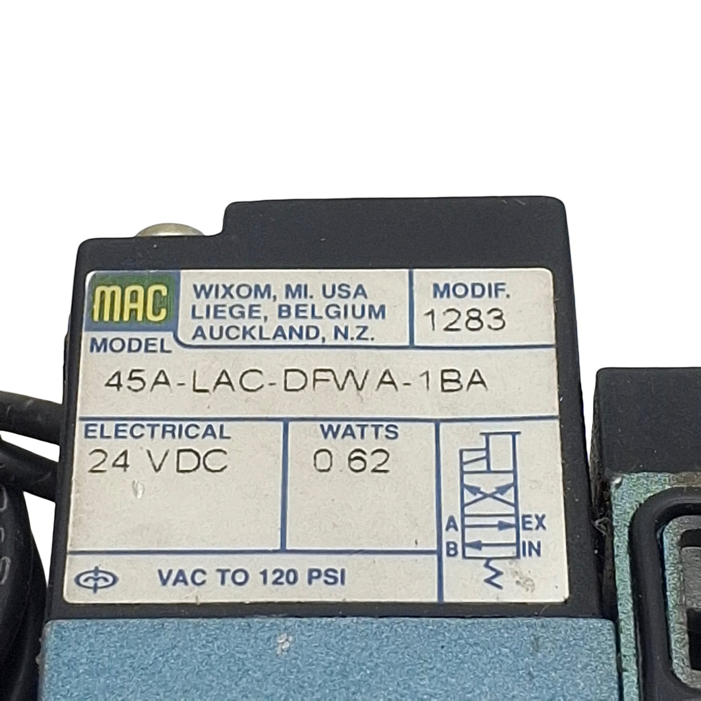 Used Mac 45A-LAC-DFWA-1BA Solenoid Valve, 4/2-Way, 1/8in NPT, vac-120psi, 24VDC Coil
