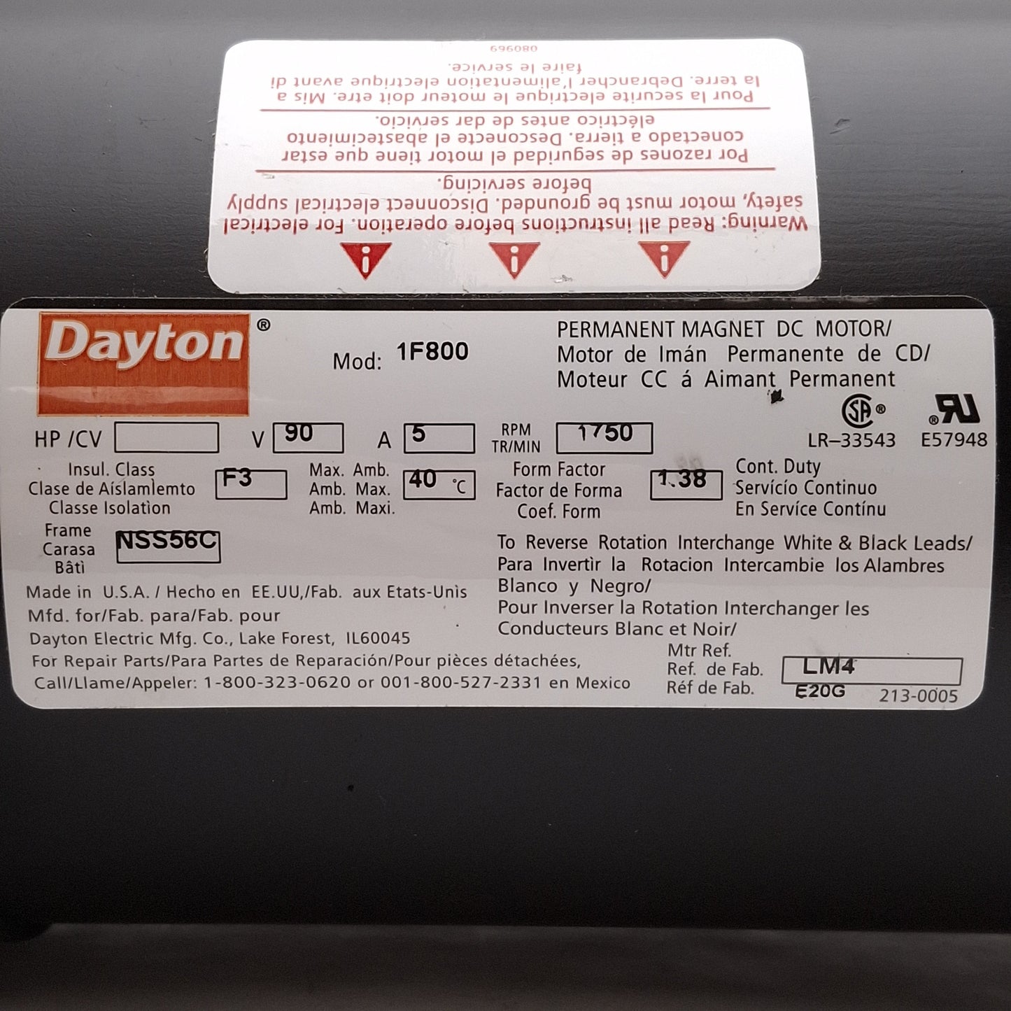Used Dayton 1F800 PM DC Motor, 1/2HP, 90VDC 5.35A, 1750rpm, ø5/8in Shaft, NEMA 56C