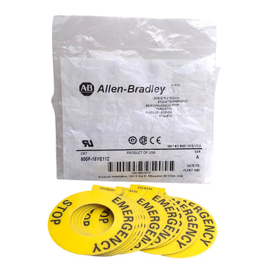 Used Allen Bradley 800F-15YE112 Adhesive Backed E-Stop Plate, Pack of Ten, 30.5mm