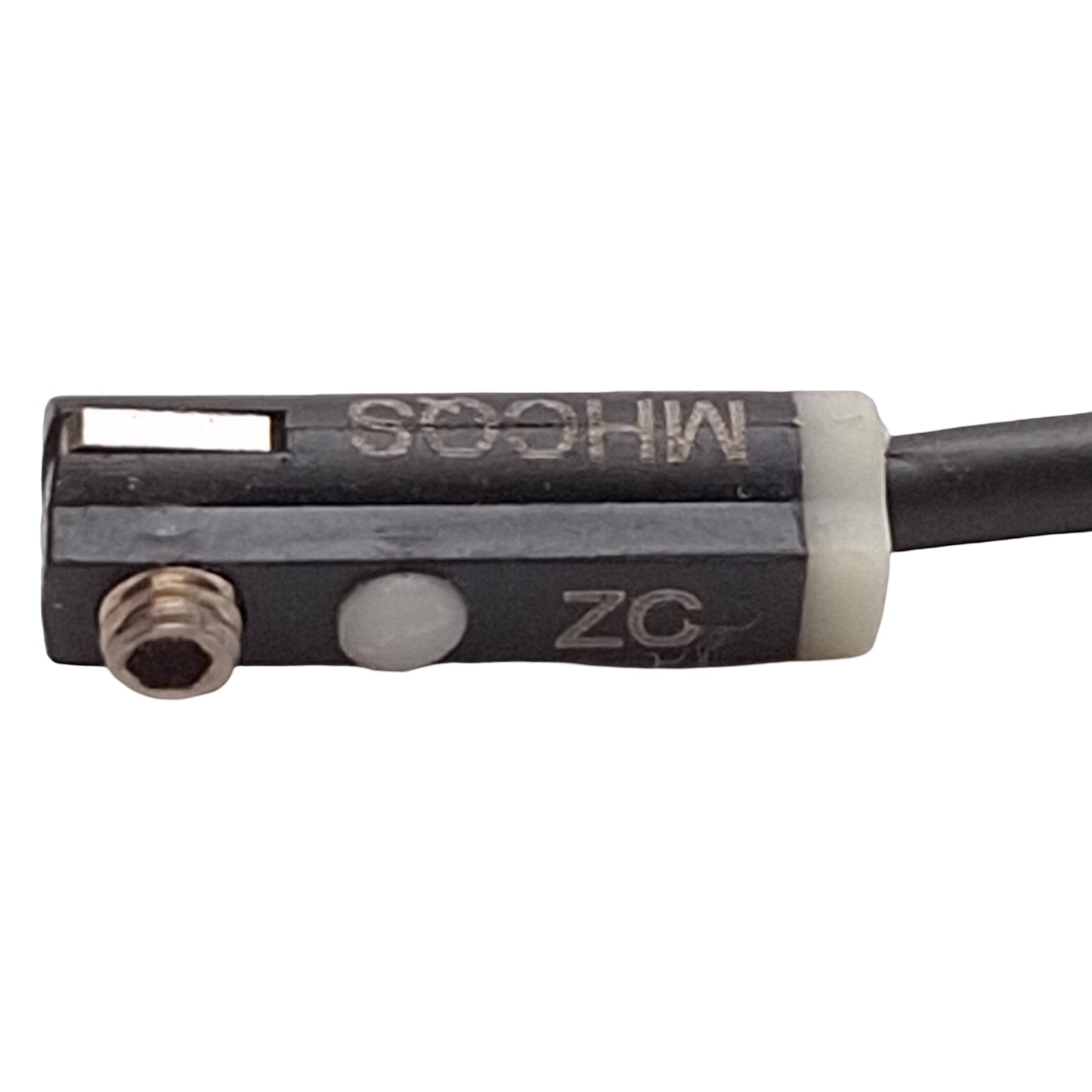 Used Bimba MHCQS Mini EdgeSwitch Sourcing Switch, PNP, Solid State, 5-28VDC, M8 3-Pin