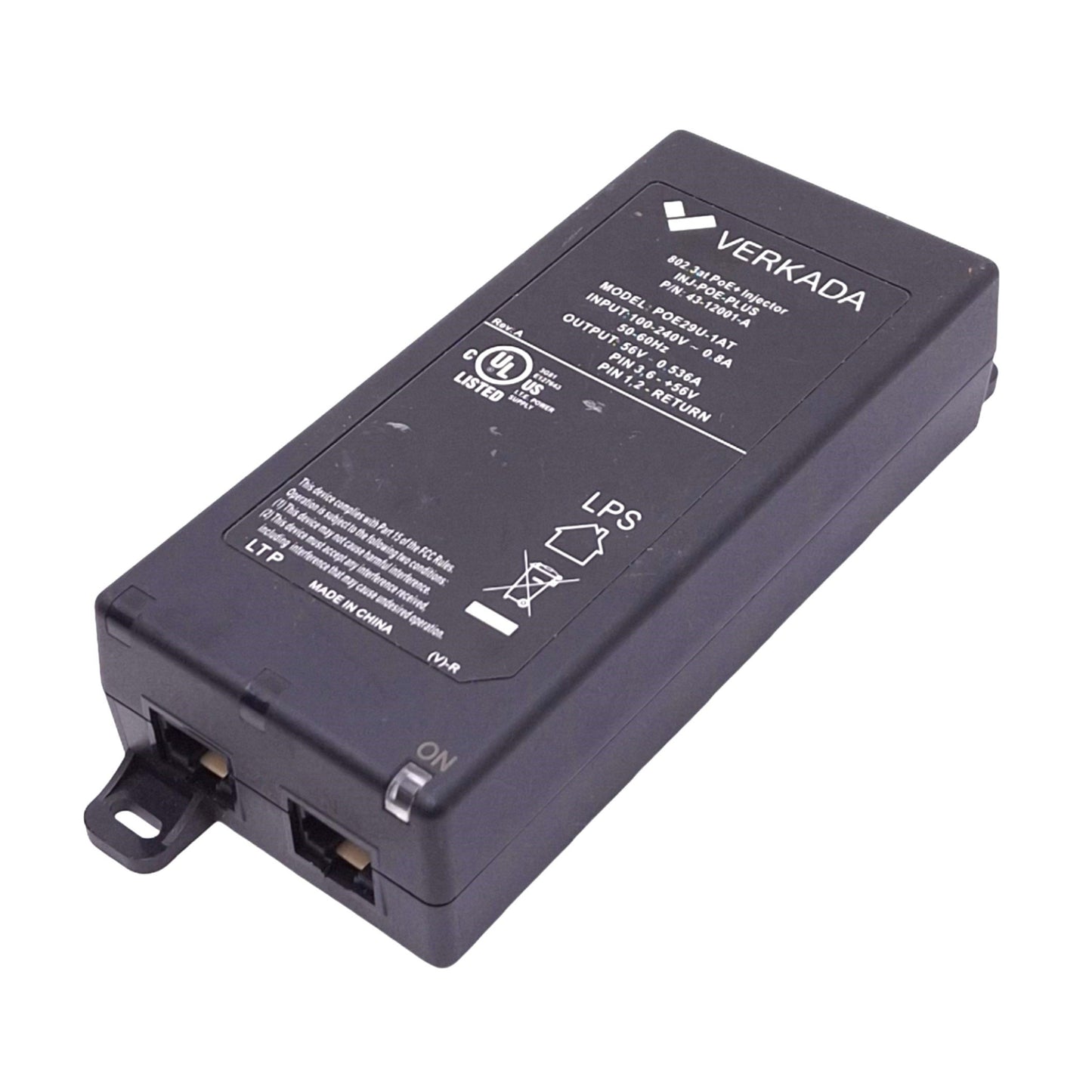 Used Phihong POE29U-1AT POE Injector 100-240VAC 0.8A In, 56VDC 0.536A Out, RJ45