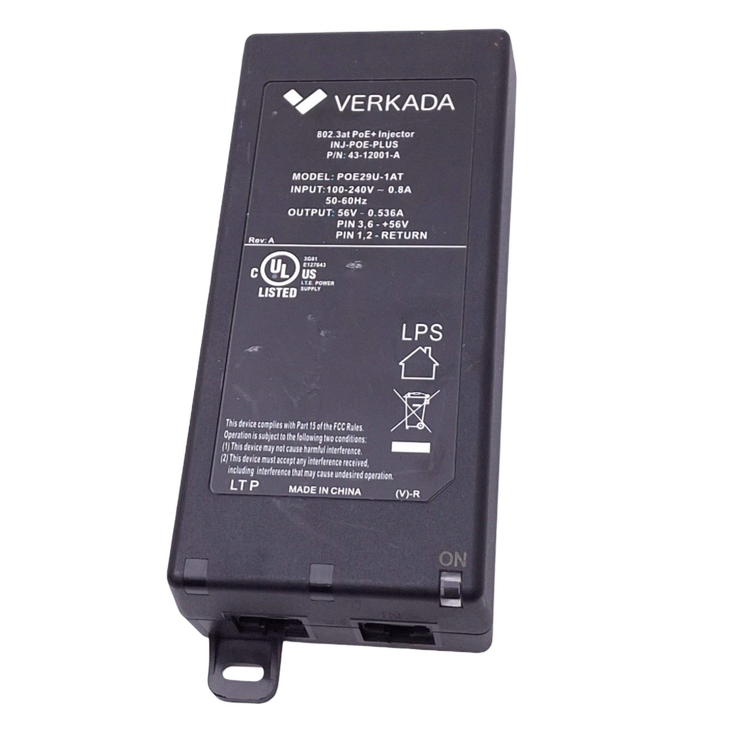 Used Phihong POE29U-1AT POE Injector 100-240VAC 0.8A In, 56VDC 0.536A Out, RJ45