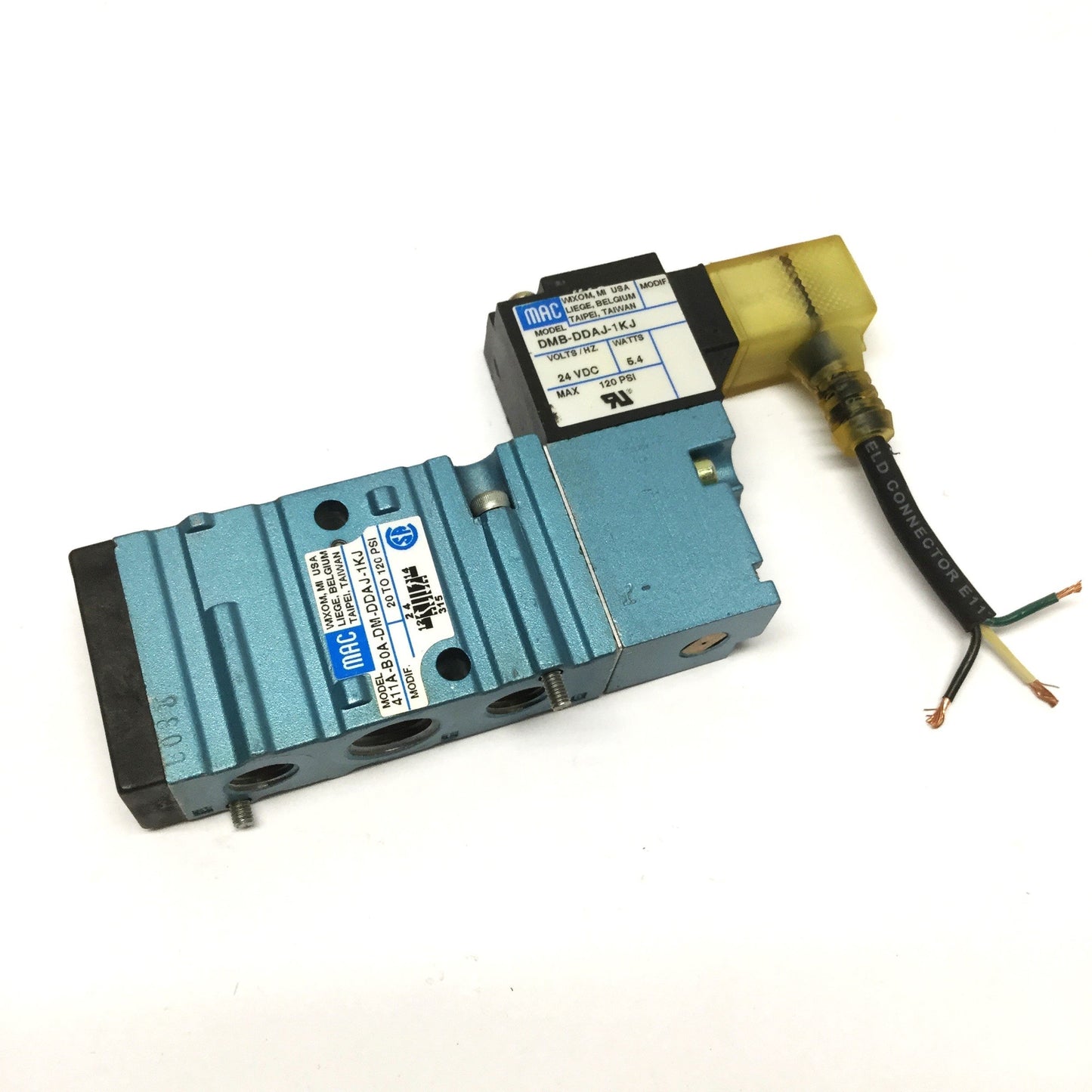 Used MAC 411A-BOA-DM-DDAJ-1KJ Solenoid Valve 5-Port 2-Pos, 24VDC, 20-120psi, 1/4" NPT