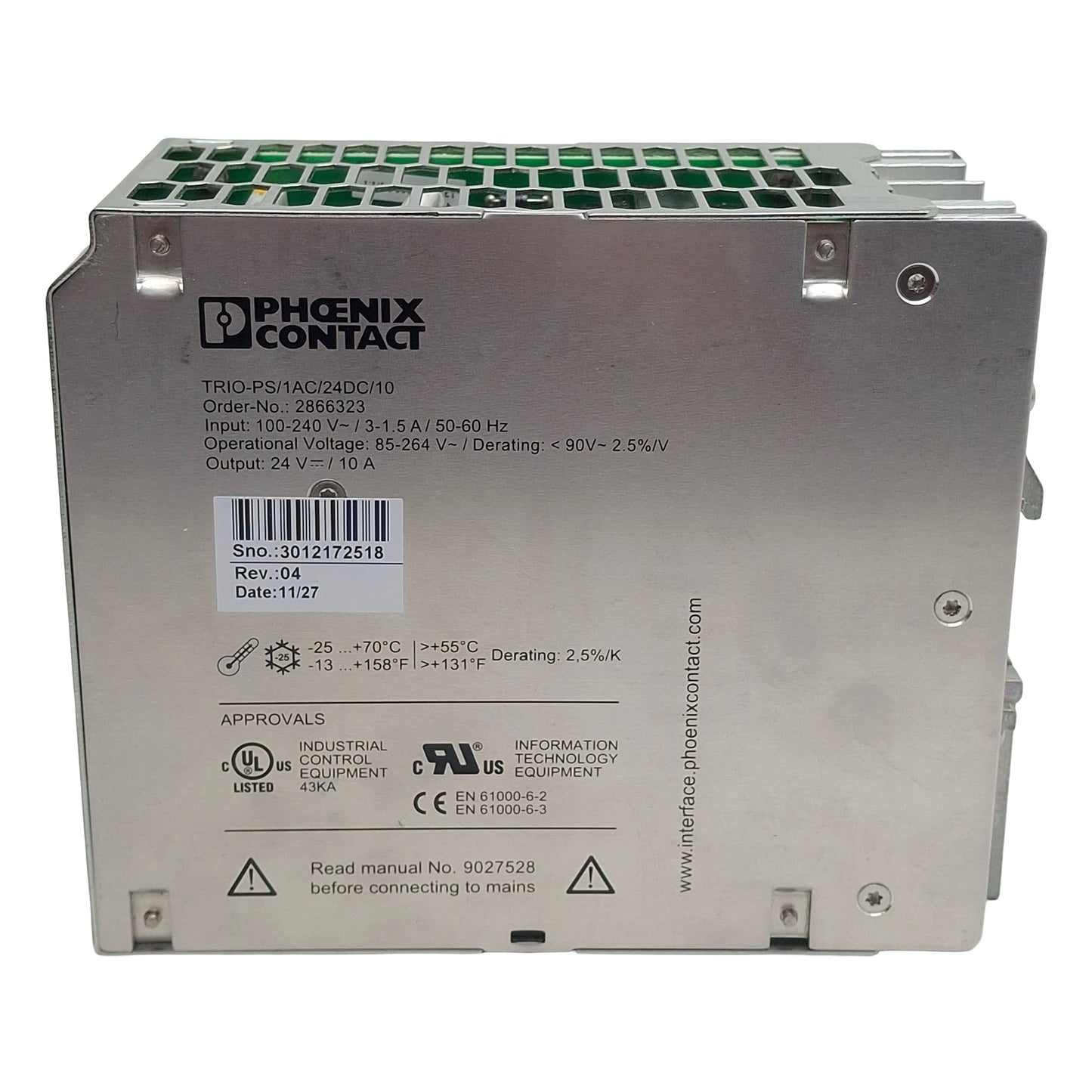 Used Phoenix Contact TRIO-PS/1AC/24DC/10 Power Supply, 100-240VAC In, 10A 24VDC Out