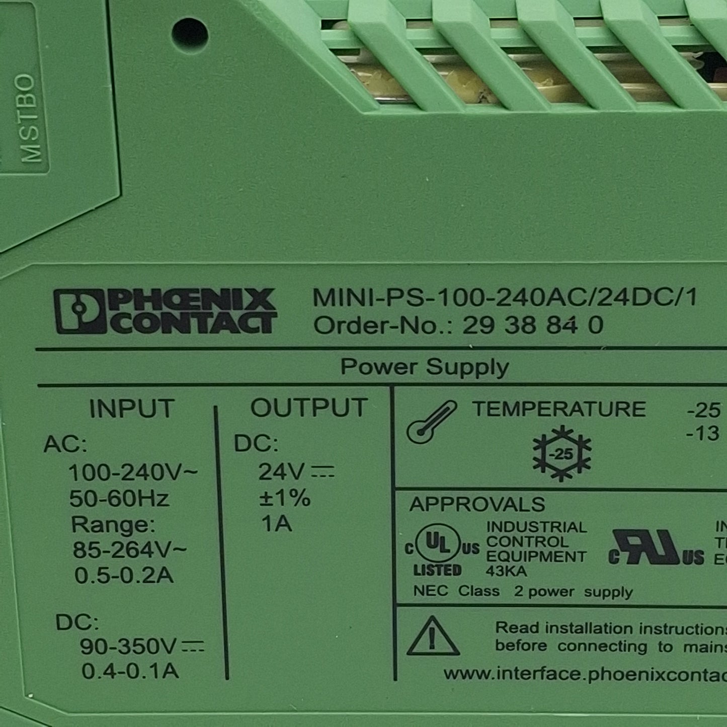 Used Phoenix Contact MINI-PS-100-240AC/24DC/1 Power Supply 100-240VAC In 1A 24VDC Out