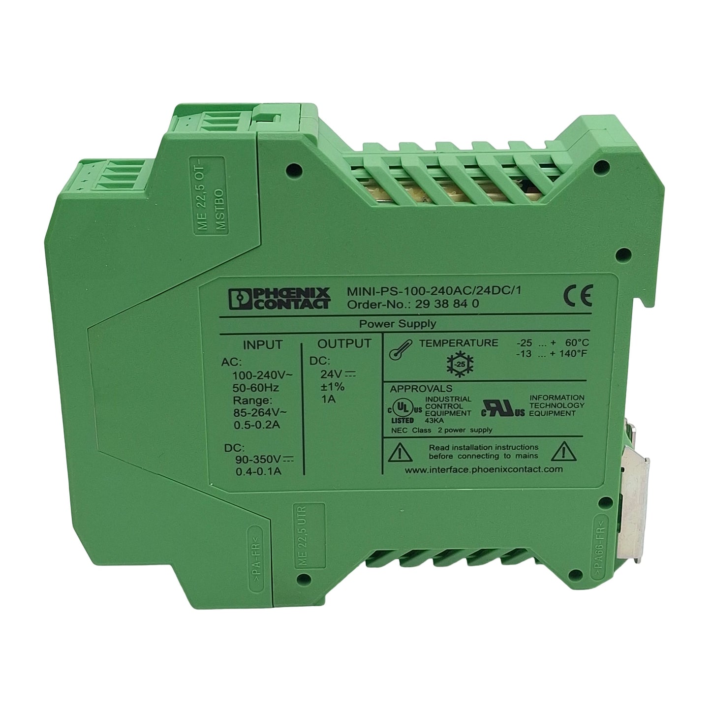 Used Phoenix Contact MINI-PS-100-240AC/24DC/1 Power Supply 100-240VAC In 1A 24VDC Out