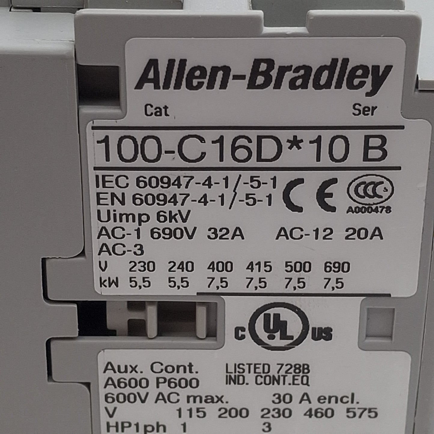 Used Allen Bradley 100-C16DEJ10 Ser B Contactor, 3-Pole 1N.O., 16A 600VAC, 24VDC Coil
