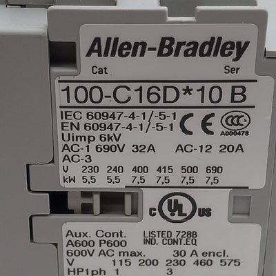 Used Allen Bradley 100-C16DEJ10 Ser B Contactor, 3-Pole 1N.O., 16A 600VAC, 24VDC Coil