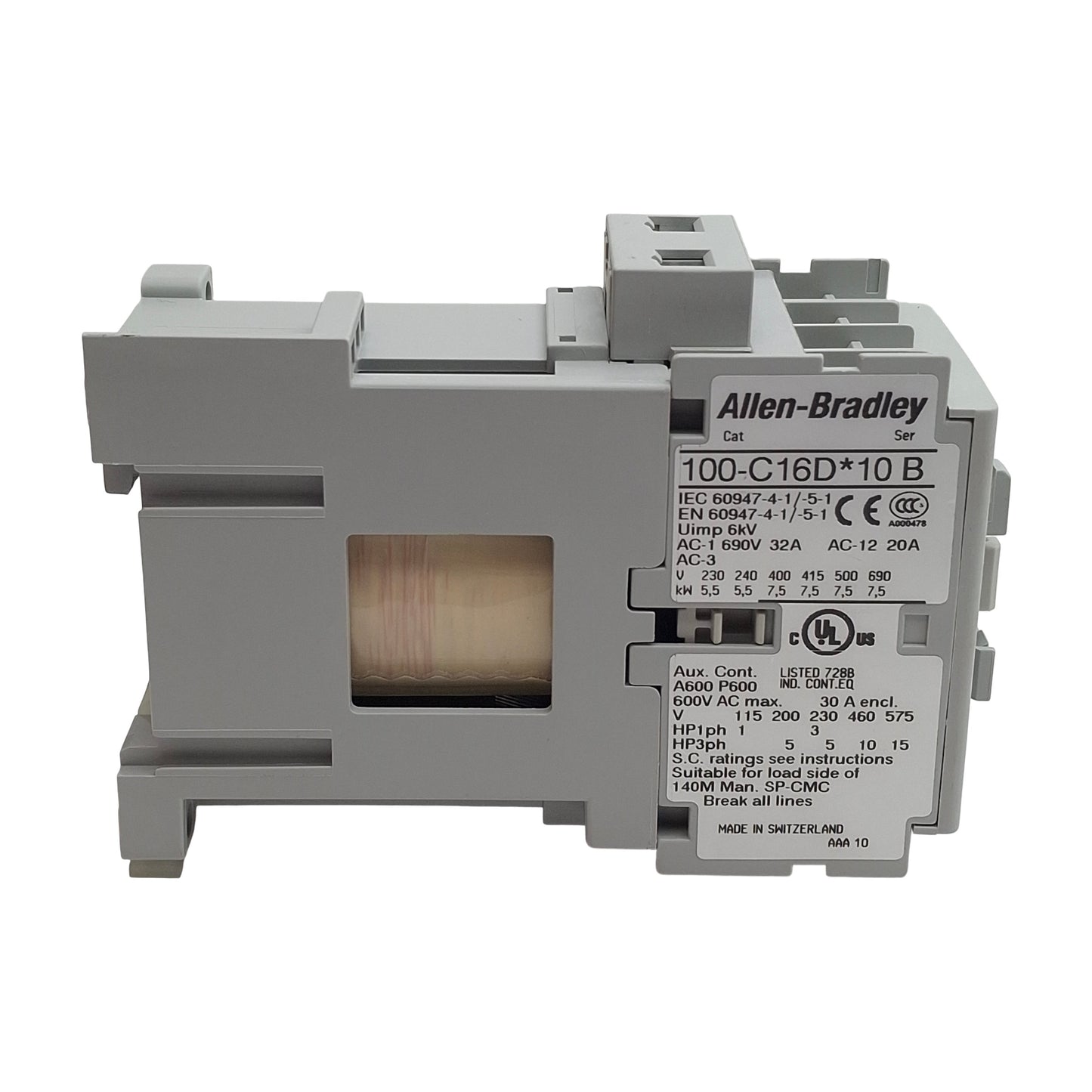 Used Allen Bradley 100-C16DEJ10 Ser B Contactor, 3-Pole 1N.O., 16A 600VAC, 24VDC Coil