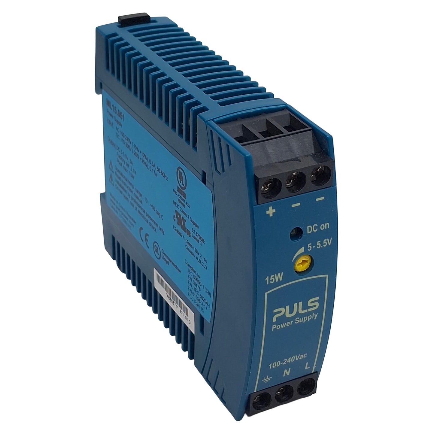 Used PULS ML15.051 Power Supply, 240VAC/300VDC In, 3A 5-5.5VDC 15W Out, DIN Rail
