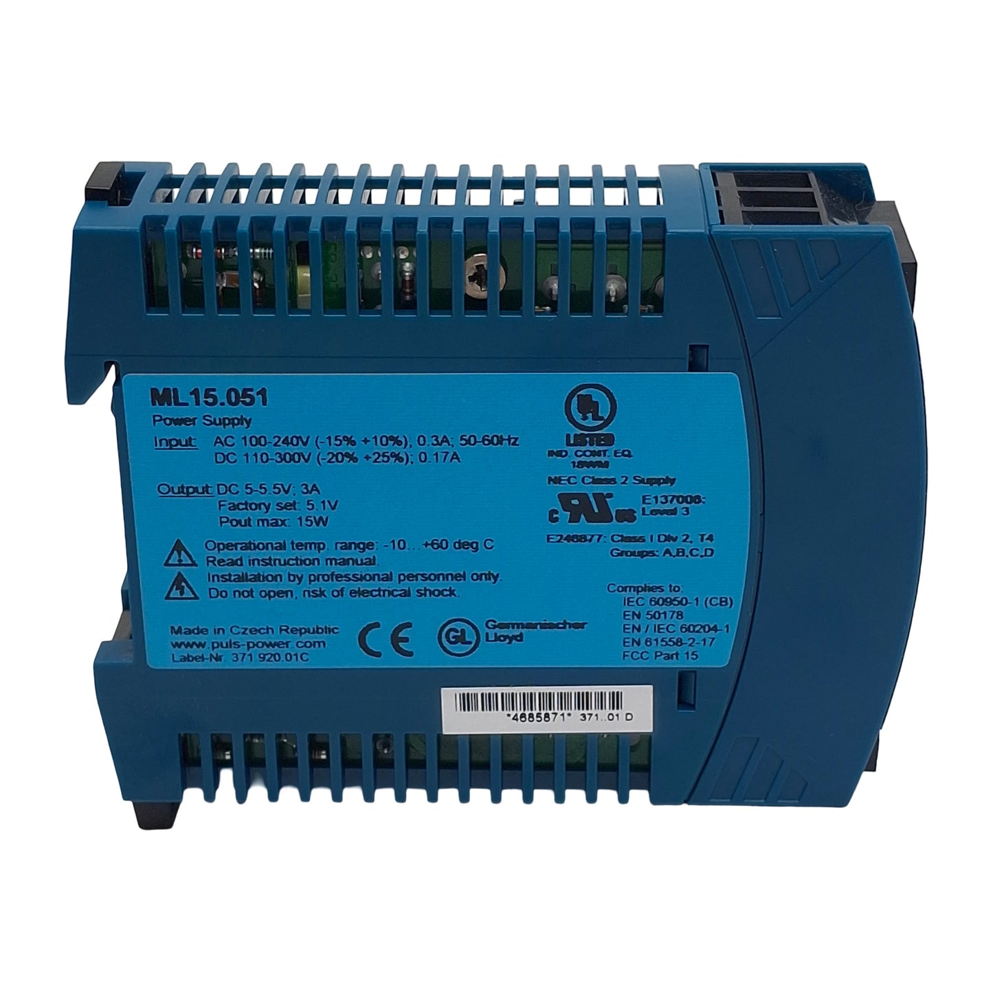 Used PULS ML15.051 Power Supply, 240VAC/300VDC In, 3A 5-5.5VDC 15W Out, DIN Rail