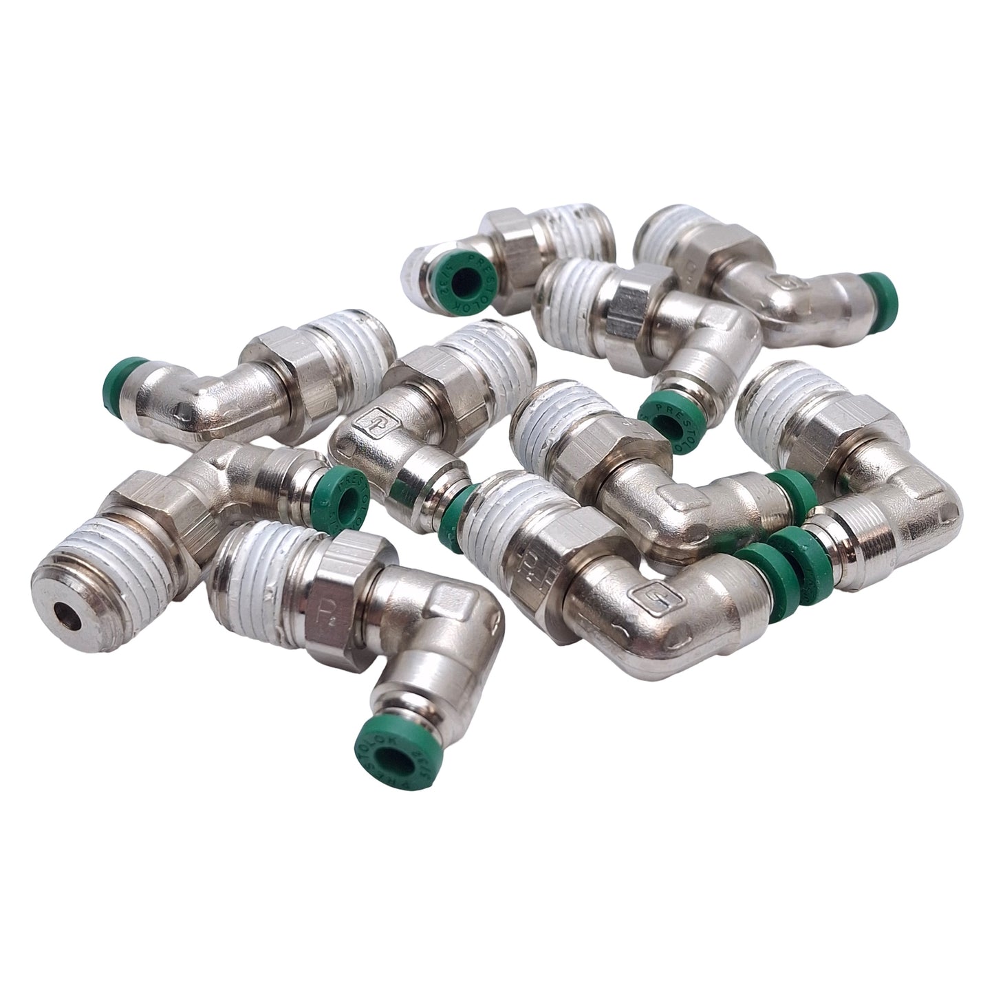 Used Lot of 10 Parker W169PLP-5/32-4 Swivel Elbow Pipe 5/32" Tube, 1/4 NPTF Thread