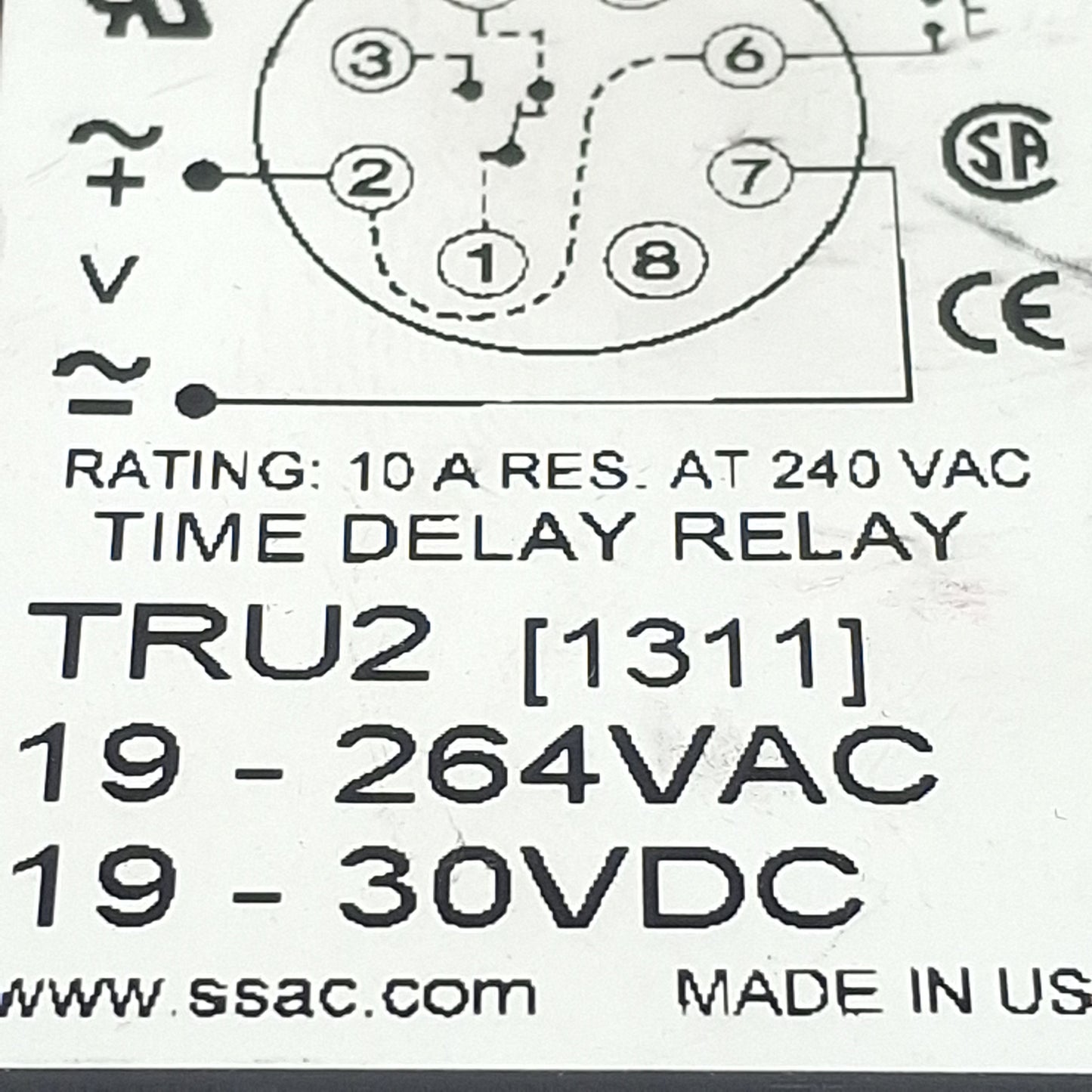 Used SSAC TRU2 Universal Time Delay Relay, SPDT, 0.1s-1000m, 19-264VAC/30VDC, 8-Pin
