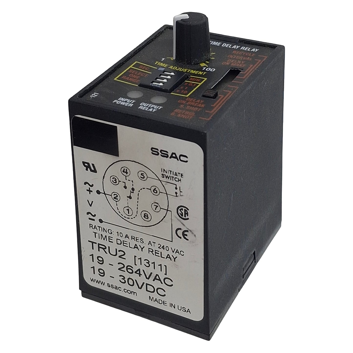 Used SSAC TRU2 Universal Time Delay Relay, SPDT, 0.1s-1000m, 19-264VAC/30VDC, 8-Pin