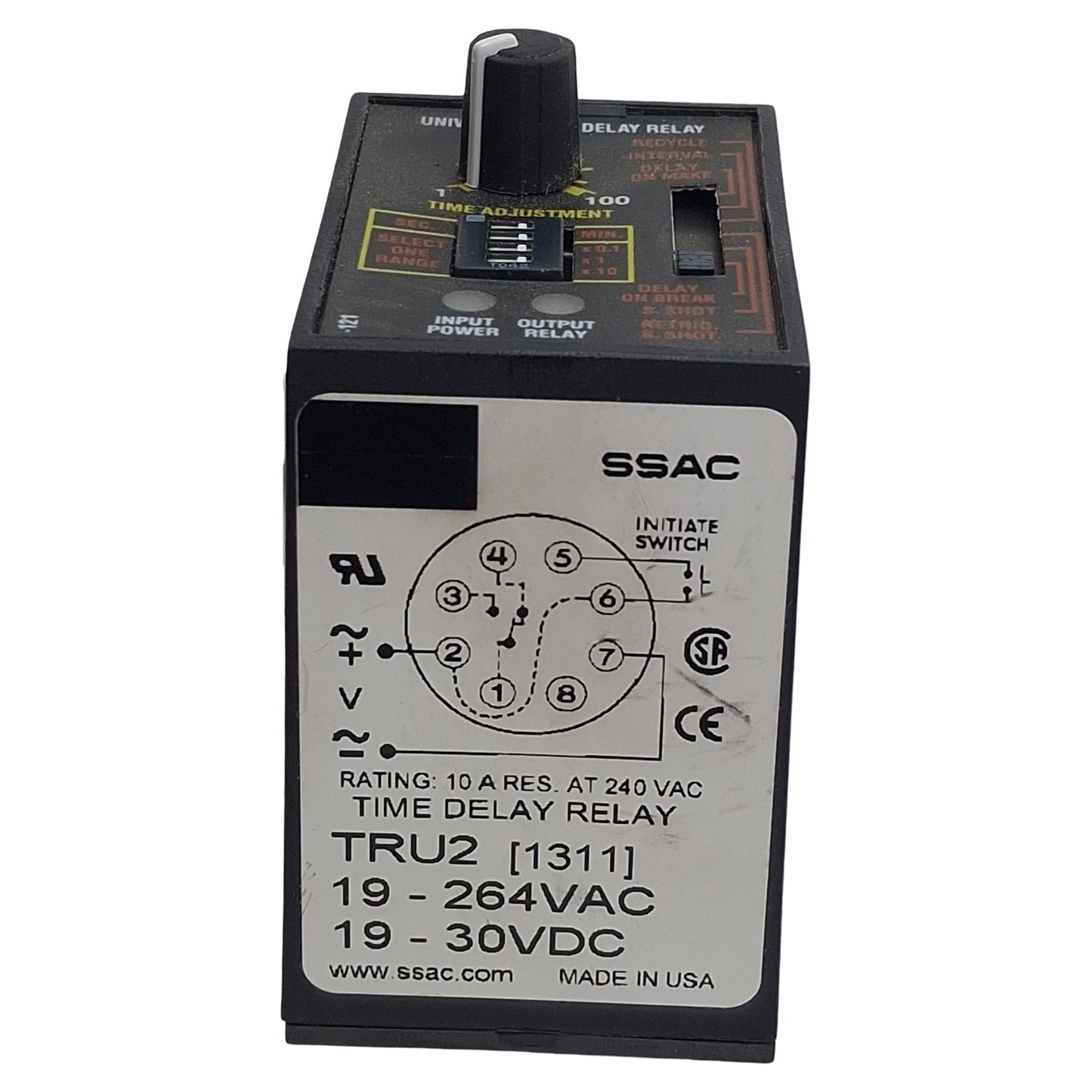 Used SSAC TRU2 Universal Time Delay Relay, SPDT, 0.1s-1000m, 19-264VAC/30VDC, 8-Pin