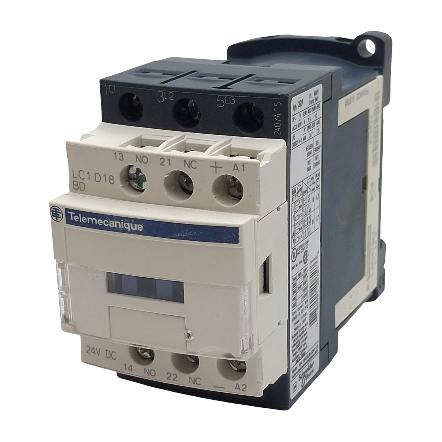 Used Telemecanique LC1D18BD Contactor, 3-Pole 1N.O., 18A 440VAC, 24VDC Coil