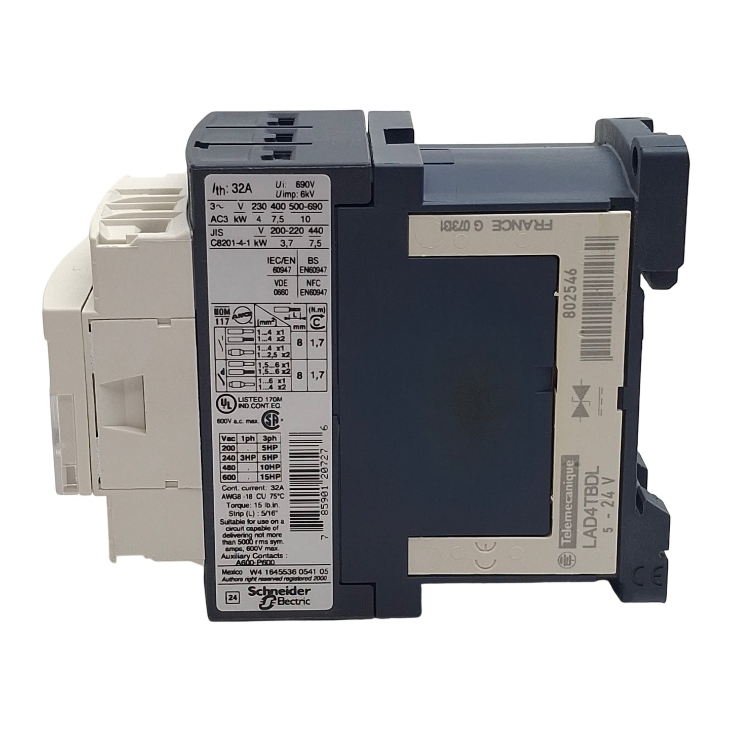 Used Telemecanique LC1D18BD Contactor, 3-Pole 1N.O., 18A 440VAC, 24VDC Coil