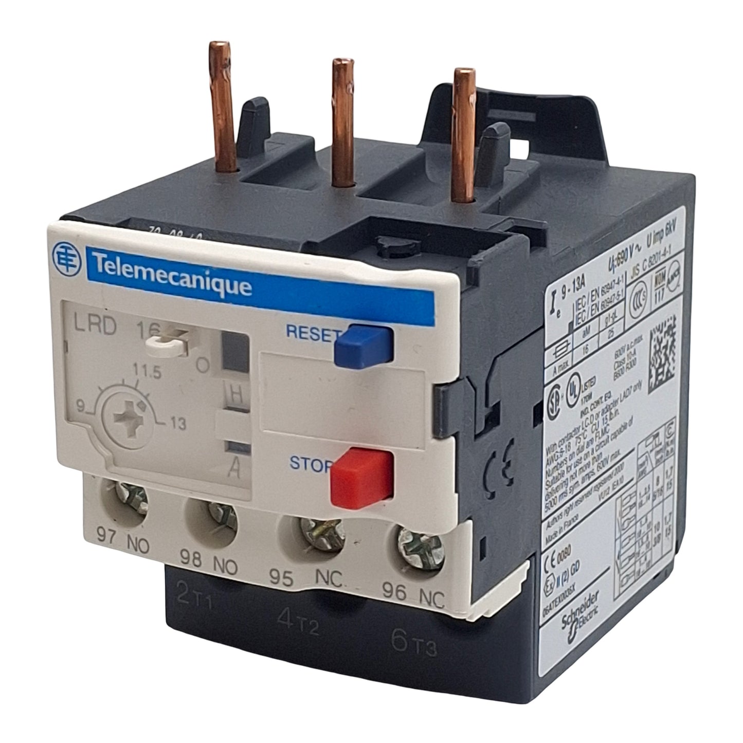 Used Telemecanique LRD16 Thermal Overload Relay 3-Pole 1NO+1NC 9-13A Range 10A 600VAC