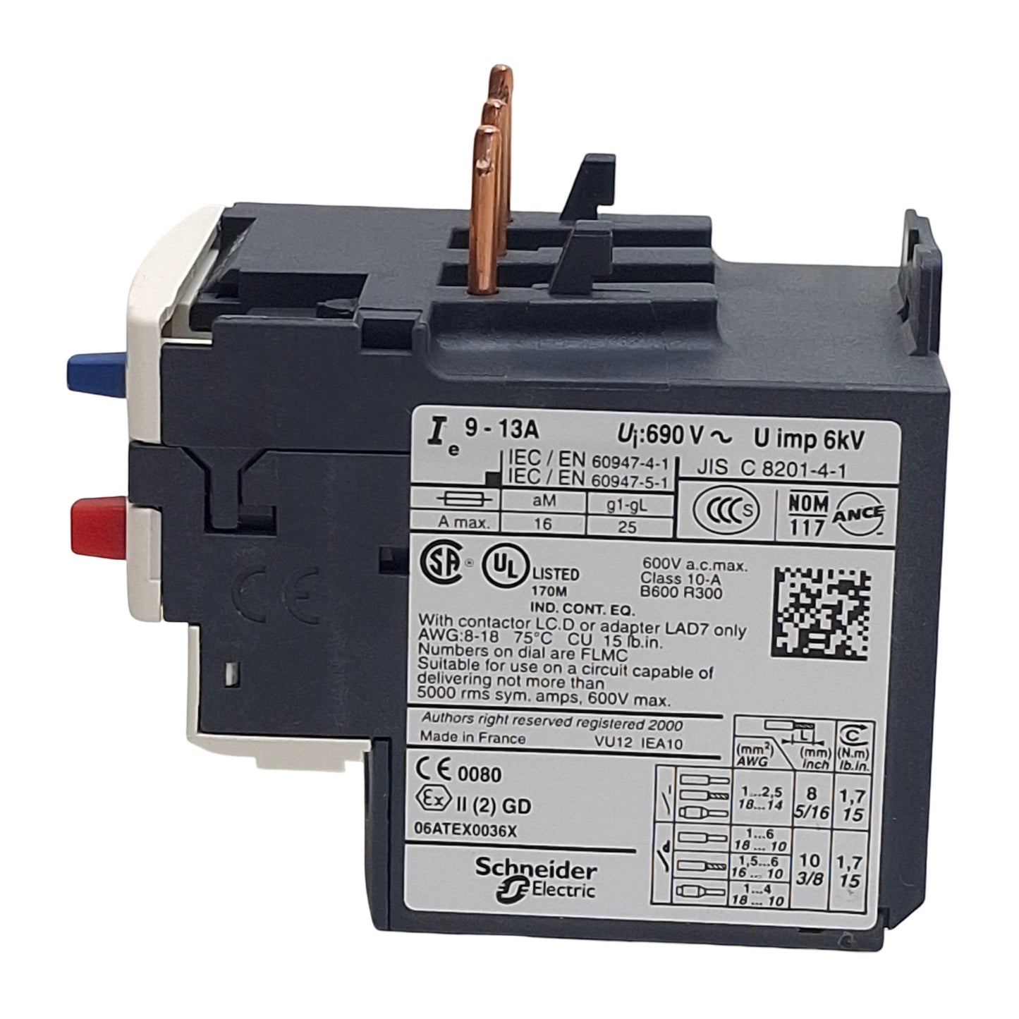 Used Telemecanique LRD16 Thermal Overload Relay 3-Pole 1NO+1NC 9-13A Range 10A 600VAC