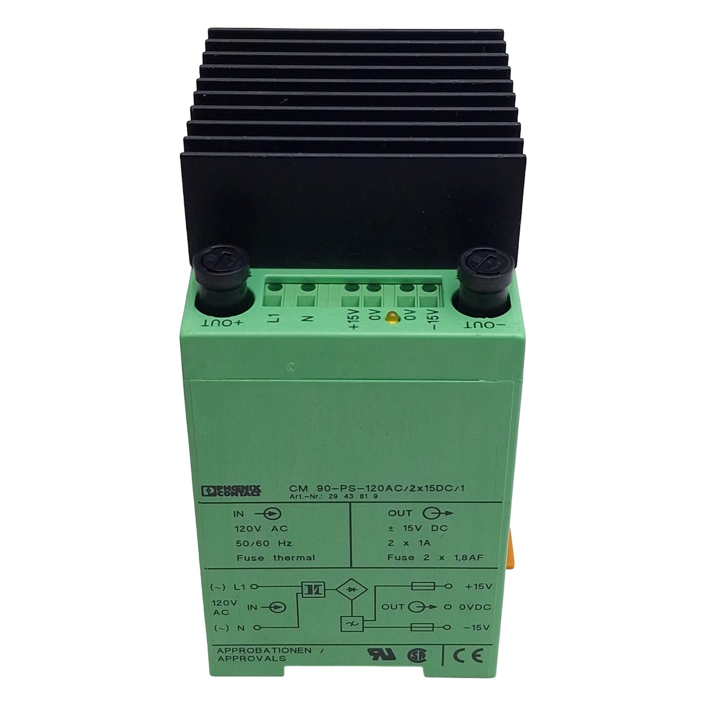 Used Phoenix Contact CM 90-PS-120AC/2x15DC/1 Power Supply, 120VAC In, 1A 15VDC Out
