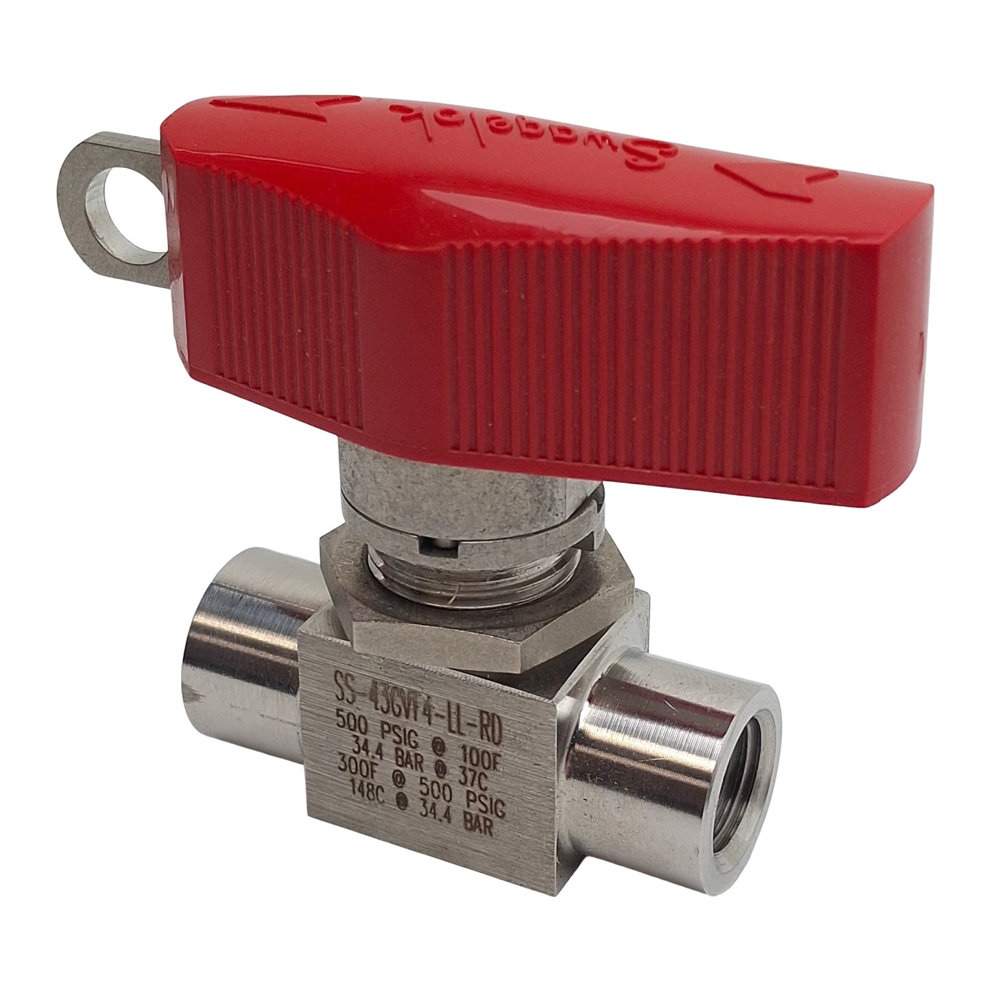 Used Swagelok SS-43GVF4-LL-RD Ball Valve, 2-Way, 1/4in NPT, 500psi Max, 0.9Cv