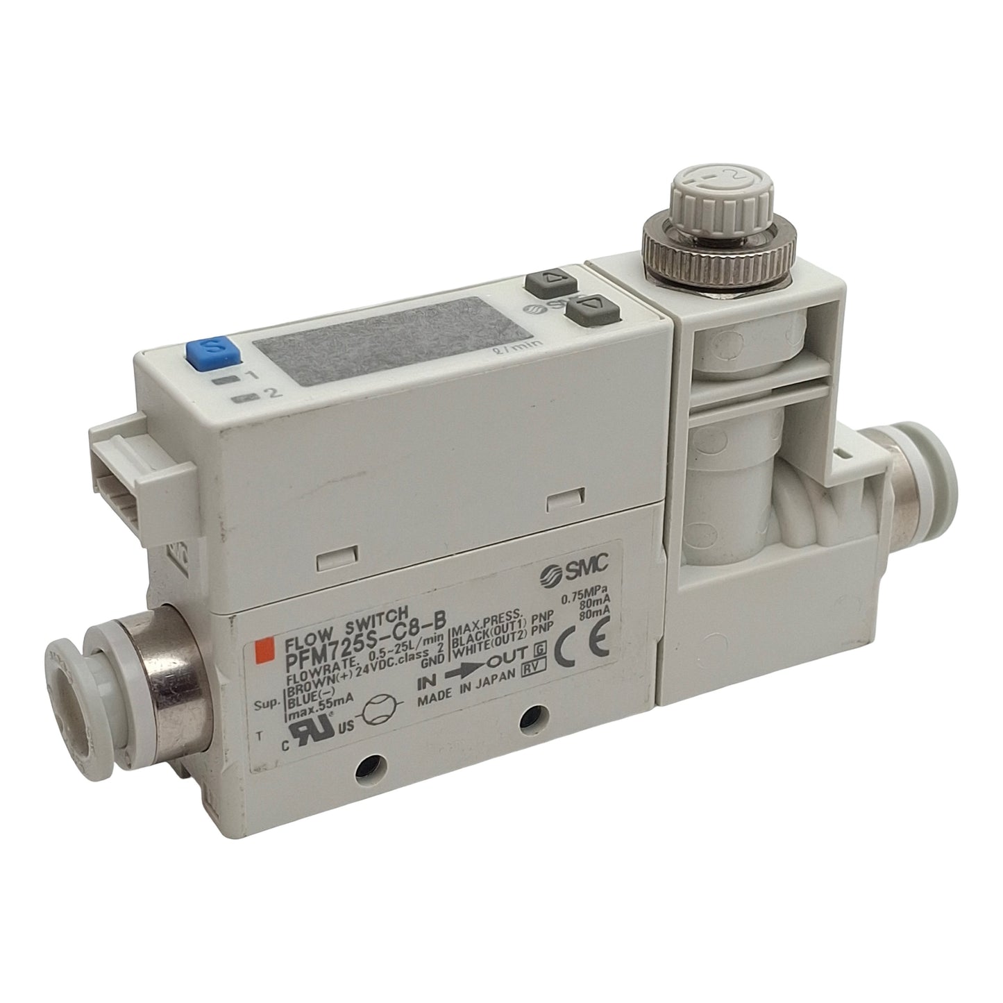 Used SMC PFM725S-C8-B Digital Flow Switch PNP 80mA, 24VDC, 0.5~25L/min 0.75MPa, ø5/16