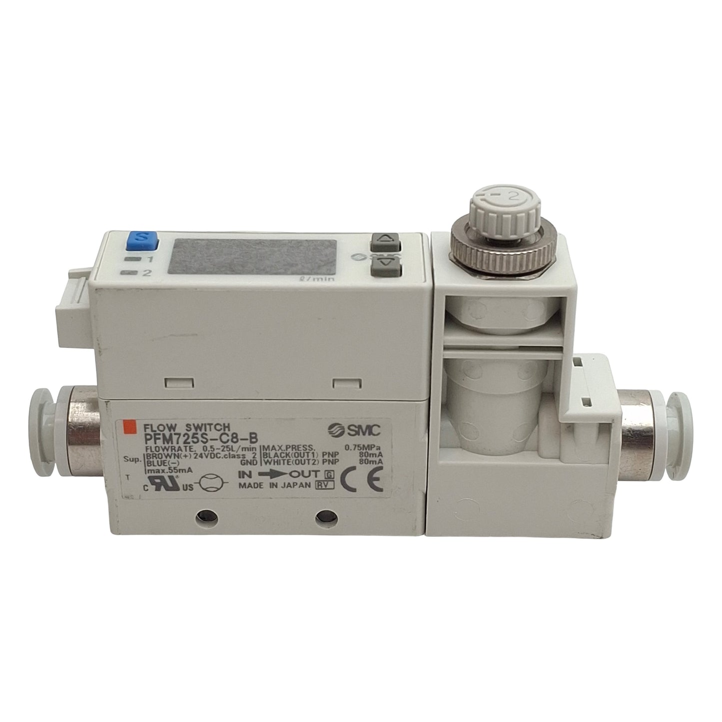 Used SMC PFM725S-C8-B Digital Flow Switch PNP 80mA, 24VDC, 0.5~25L/min 0.75MPa, ø5/16