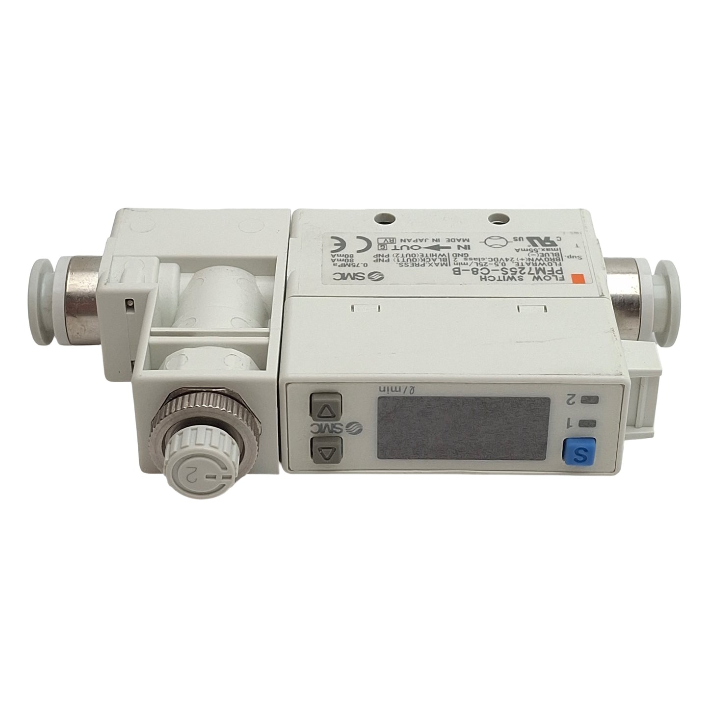Used SMC PFM725S-C8-B Digital Flow Switch PNP 80mA, 24VDC, 0.5~25L/min 0.75MPa, ø5/16