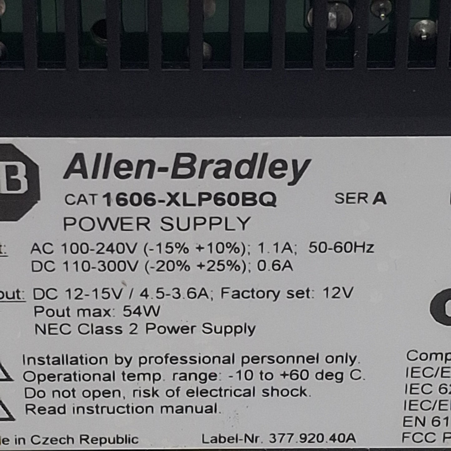 Used Allen Bradley 1606-XLP60BQ Power Supply, 240VAC/300VDC In, 4.5-3.6A 12-15VDC Out