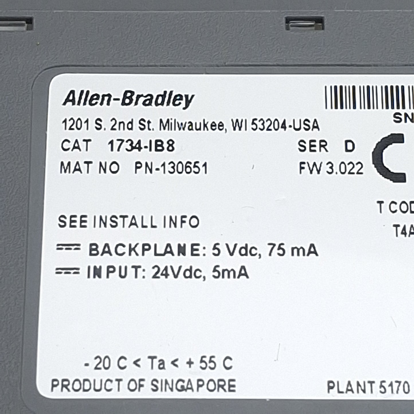 Used Allen Bradley 1734-IB8 Ser. D PLC Input I/O Module, 8-Point, 24VDC Sinking 5mA