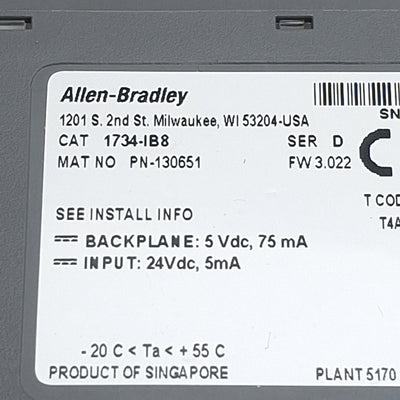 Used Allen Bradley 1734-IB8 Ser. D PLC Input I/O Module, 8-Point, 24VDC Sinking 5mA
