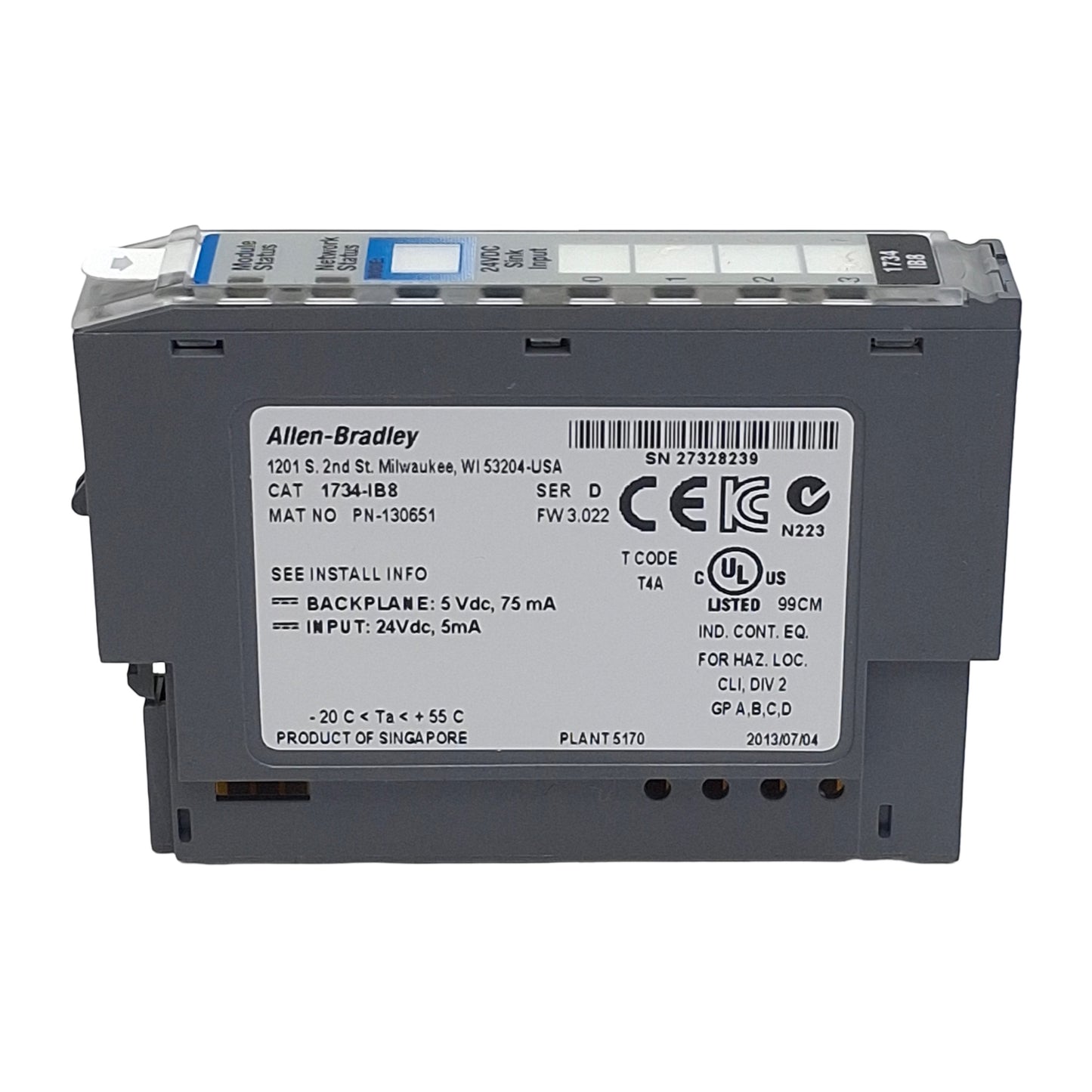 Used Allen Bradley 1734-IB8 Ser. D PLC Input I/O Module, 8-Point, 24VDC Sinking 5mA