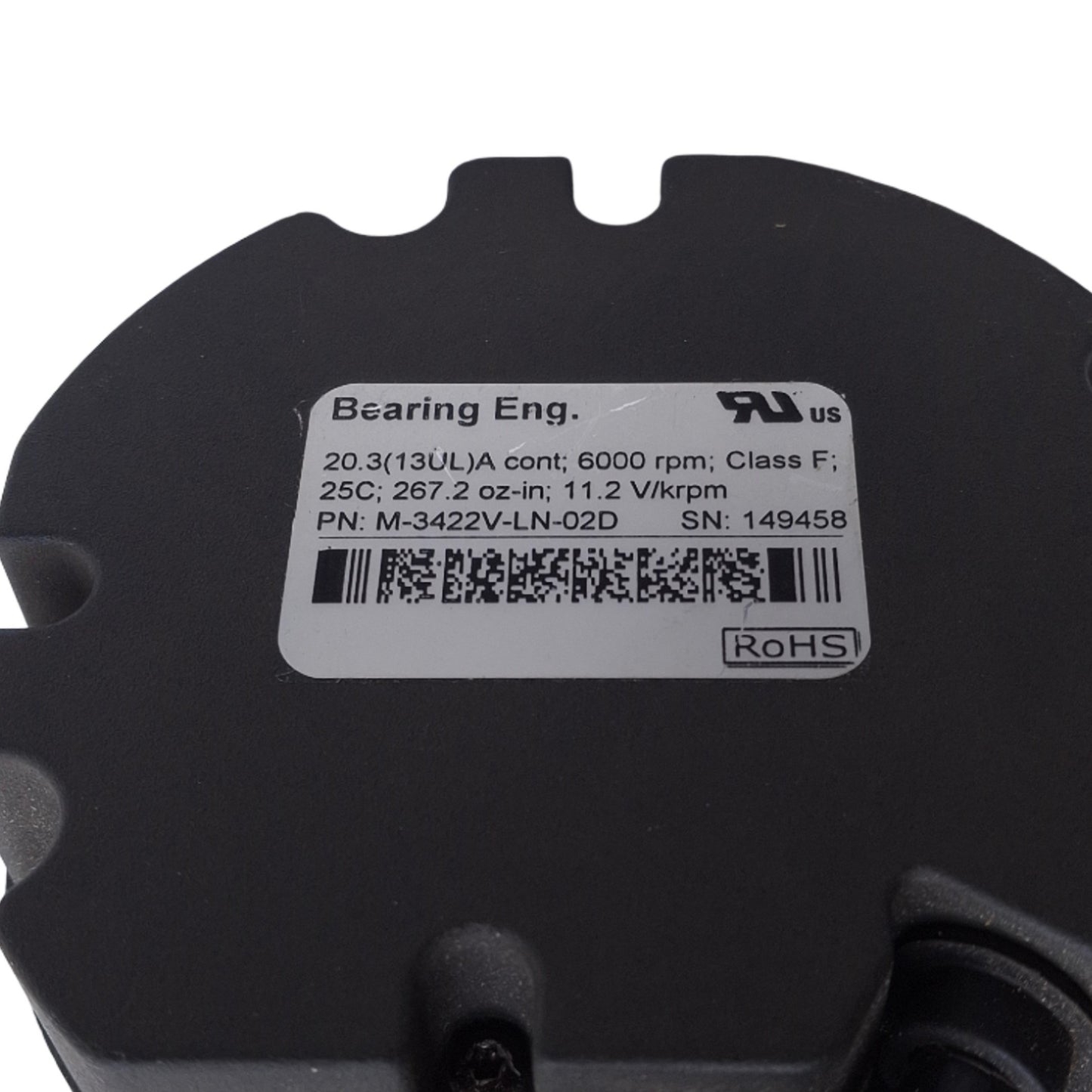 Used Bearing Engineering M-3422V-LN-02D Servo Motor, 6000RPM, 267.2 oz-in, With Cable