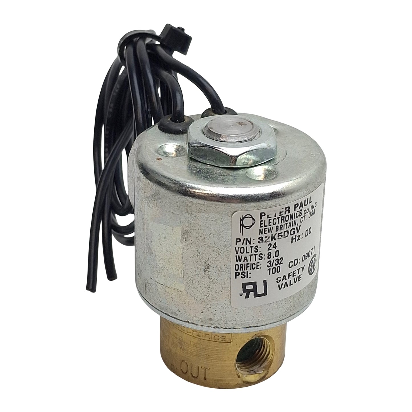 Used Peter Paul 32K5DGV Solenoid Safety Valve, 2-Way, 1/8in NPT, 100psi, 24VDC Coil
