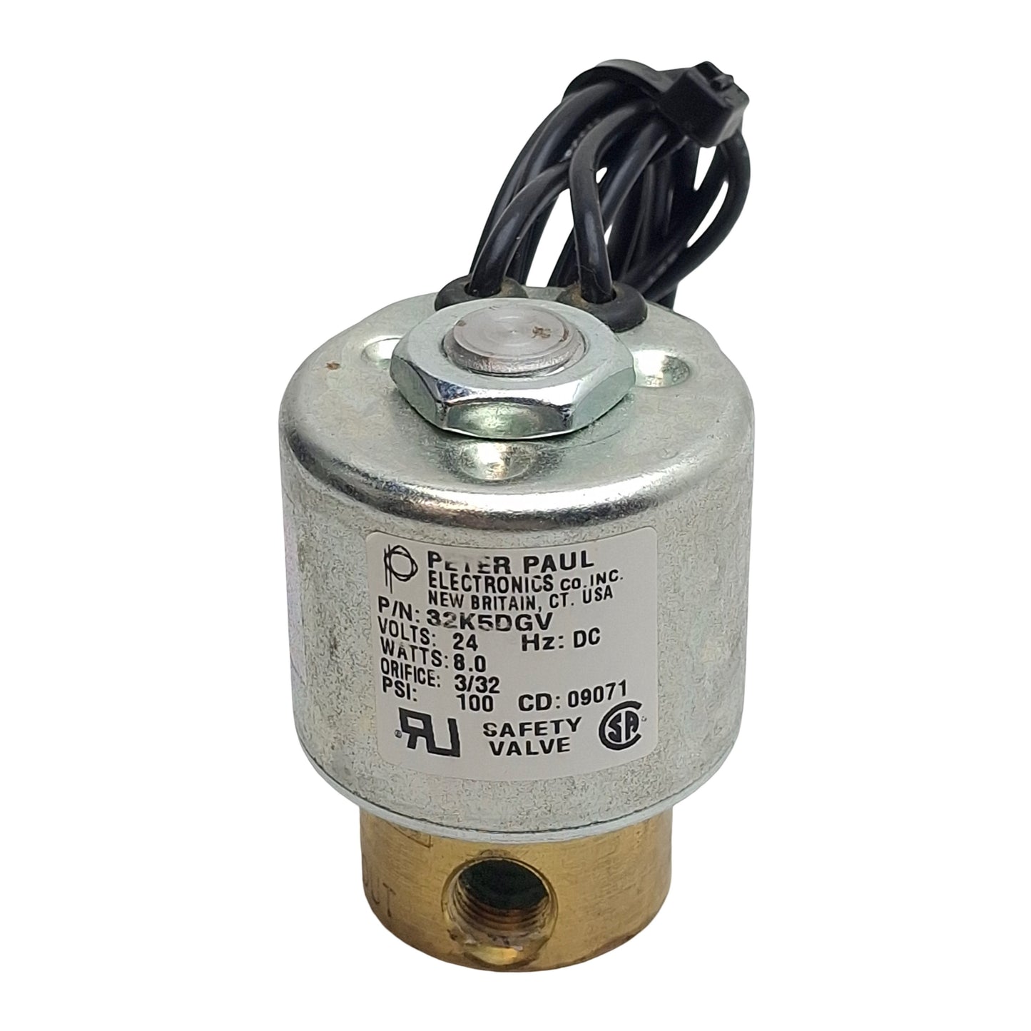 Used Peter Paul 32K5DGV Solenoid Safety Valve, 2-Way, 1/8in NPT, 100psi, 24VDC Coil