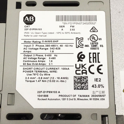 Used Allen Bradley 22F-D1P5N103 PowerFlex 4M AC Drive 380-460VAC 0.4kW/0.5HP 0-400Hz