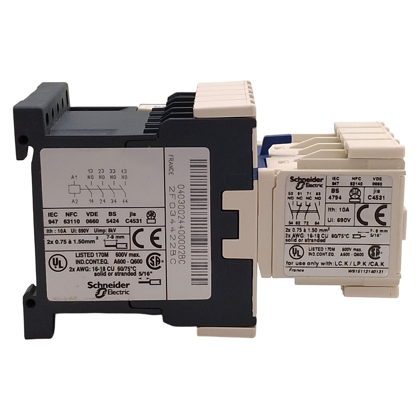 Used Schneider CA3KN403BD LA1KN223 Contactor 4NO, 2NO+2NC Aux, 10A 600VAC, 24VDC Coil