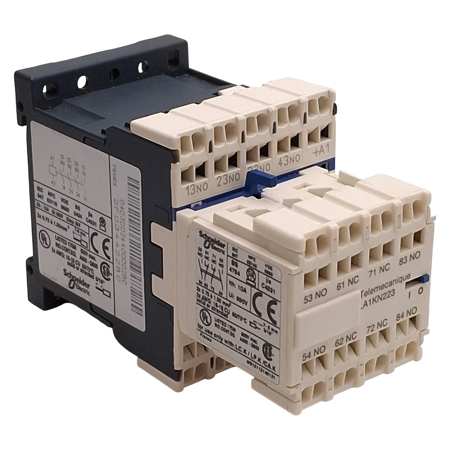 Used Schneider CA3KN403BD LA1KN223 Contactor 4NO, 2NO+2NC Aux, 10A 600VAC, 24VDC Coil