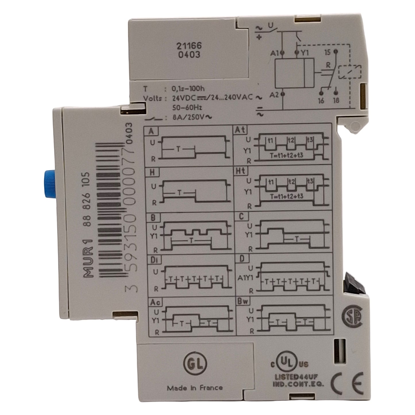 Used Crouzet 88 826 105 MUR1 Timer Relay, 0.1s-100h, 1CO, 8A 24VDC/24-240VAC DIN Rail