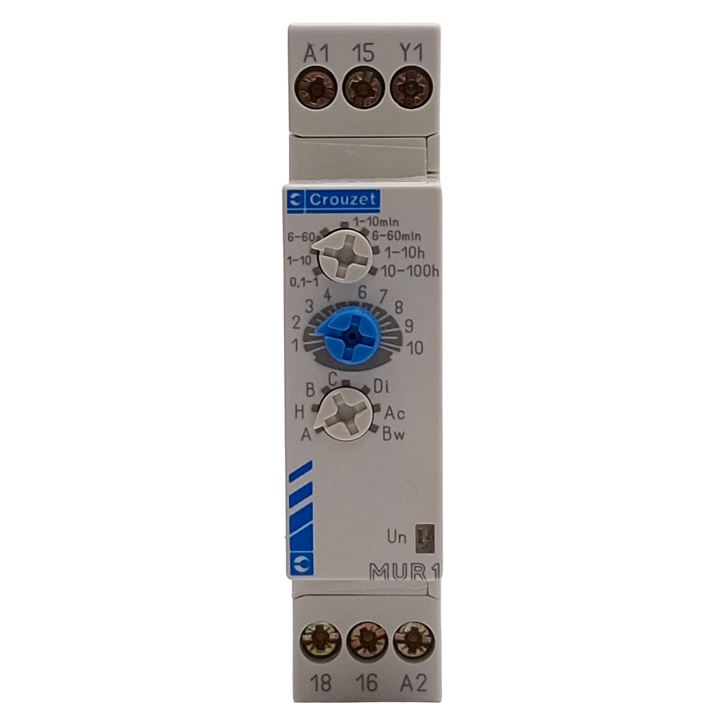 Used Crouzet 88 826 105 MUR1 Timer Relay, 0.1s-100h, 1CO, 8A 24VDC/24-240VAC DIN Rail
