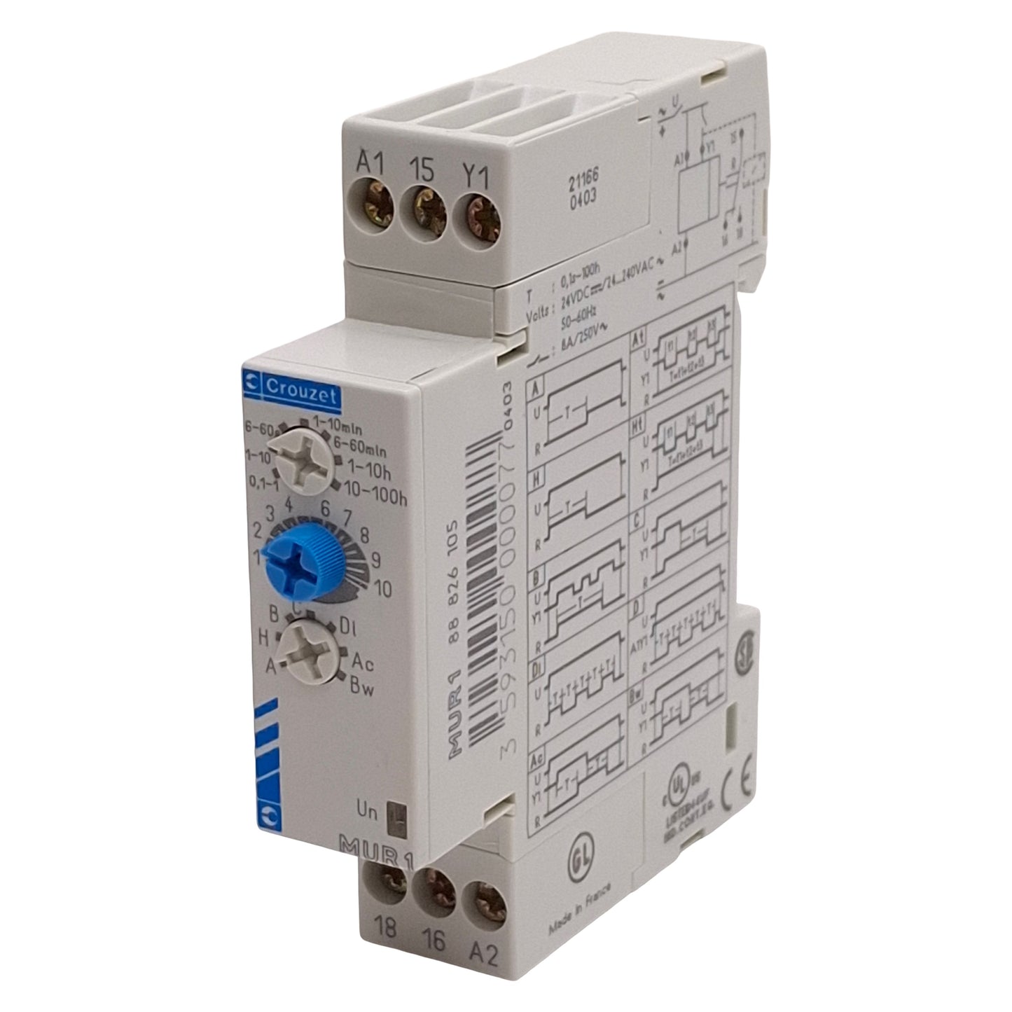 Used Crouzet 88 826 105 MUR1 Timer Relay, 0.1s-100h, 1CO, 8A 24VDC/24-240VAC DIN Rail