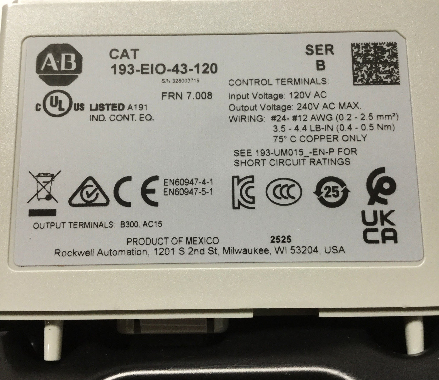 New Allen Bradley 193-EIO-43-120 E300/E200 Overload Relay Control Module 120VAC