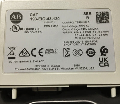 New Allen Bradley 193-EIO-43-120 E300/E200 Overload Relay Control Module 120VAC