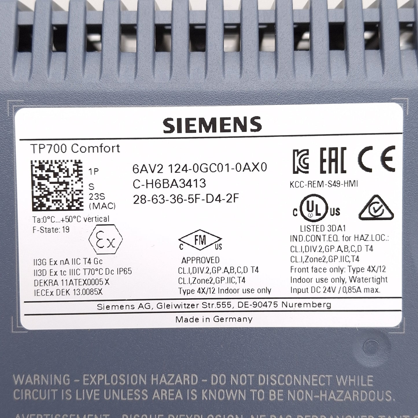 Used Siemens 6AV2 124-0GC01-0AX0 SIMATIC Touchscreen HMI, 7in, 800x400, 24VDC